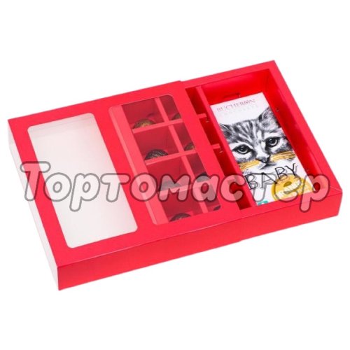 Коробка на 8 конфет и плитку шоколада с окном красный 5 шт КУ-349